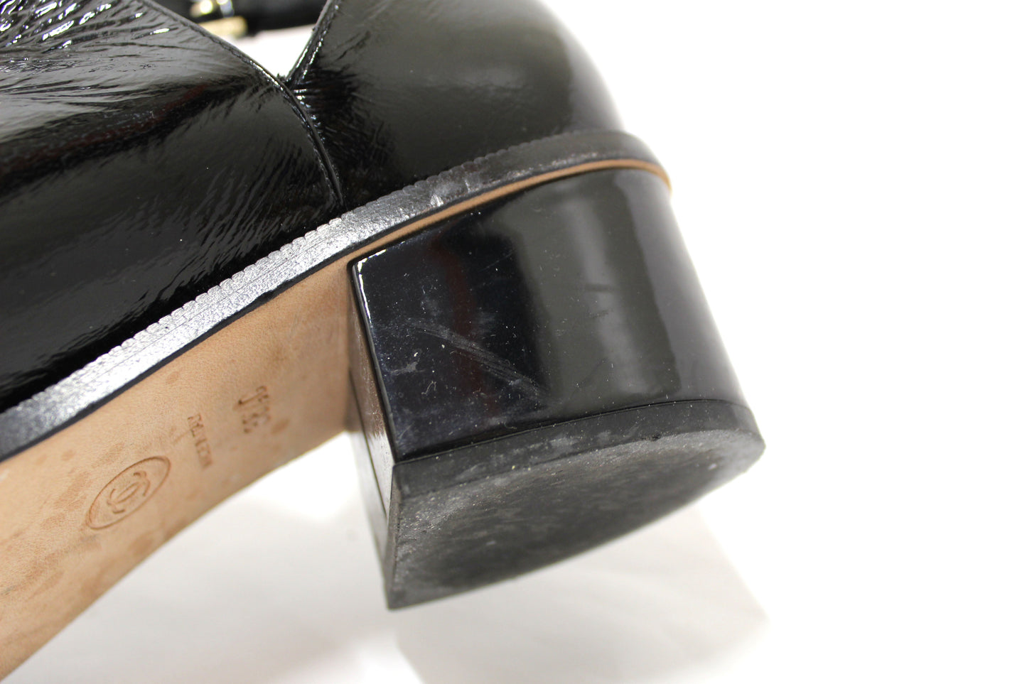 Chanel Black Patent Leather Peep Toe Short Ankle Boots 38.5