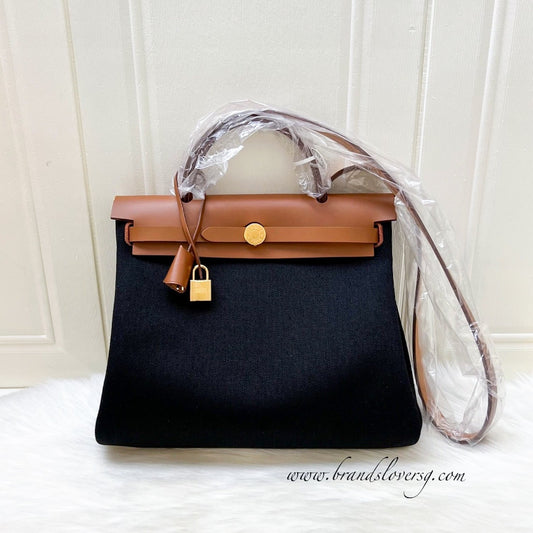 Hermes Herbag 31 Zip Retourne in Noir Black Canvas, Fauve Leather and GHW