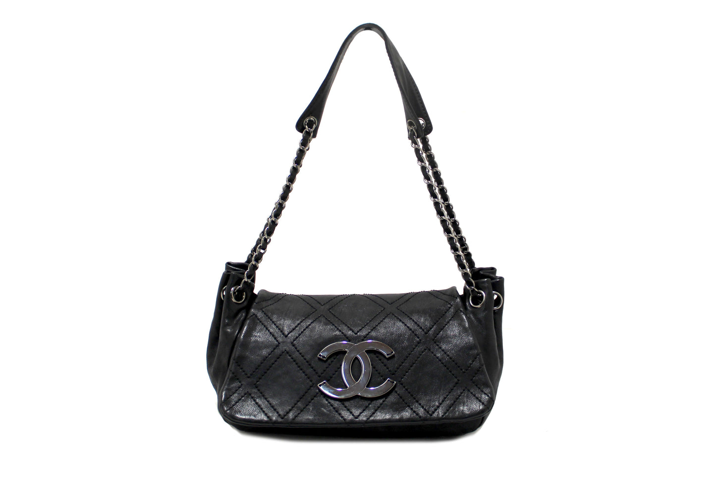 Chanel Black Diamond Stitch Accordion Flap Shoulder Bag