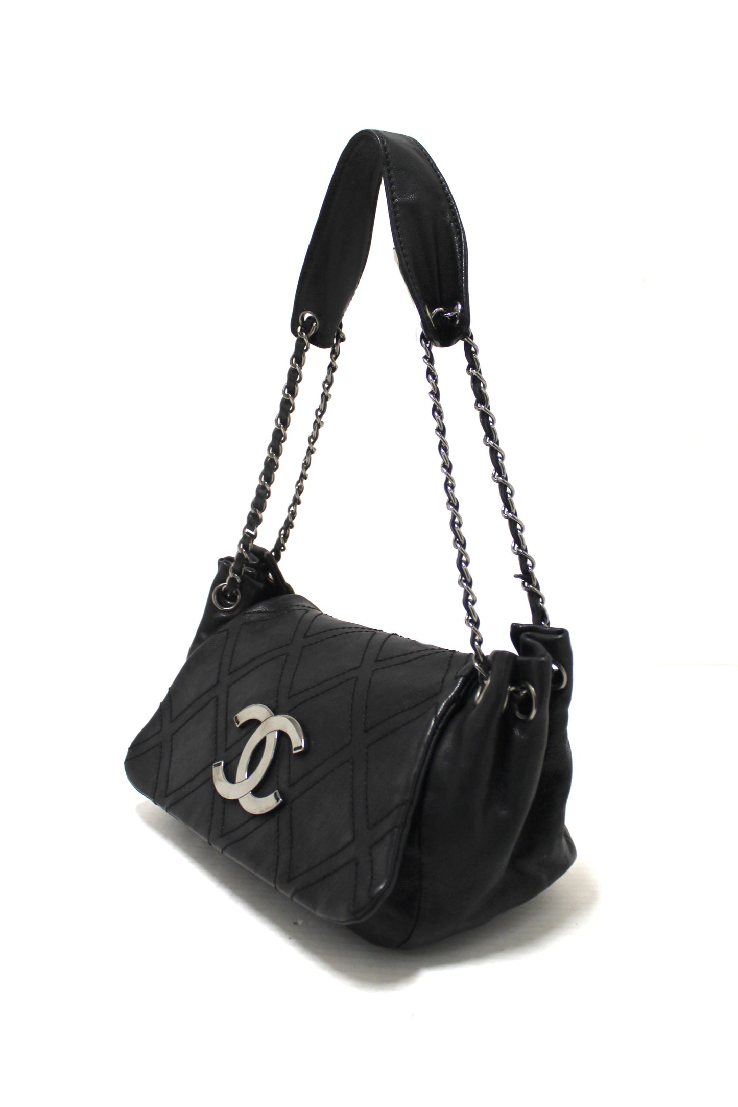 Chanel Black Diamond Stitch Accordion Flap Shoulder Bag