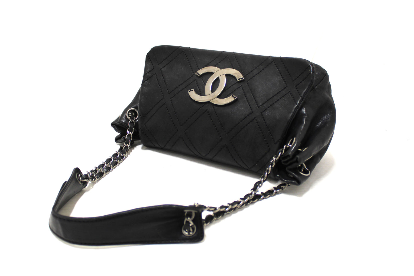 Chanel Black Diamond Stitch Accordion Flap Shoulder Bag