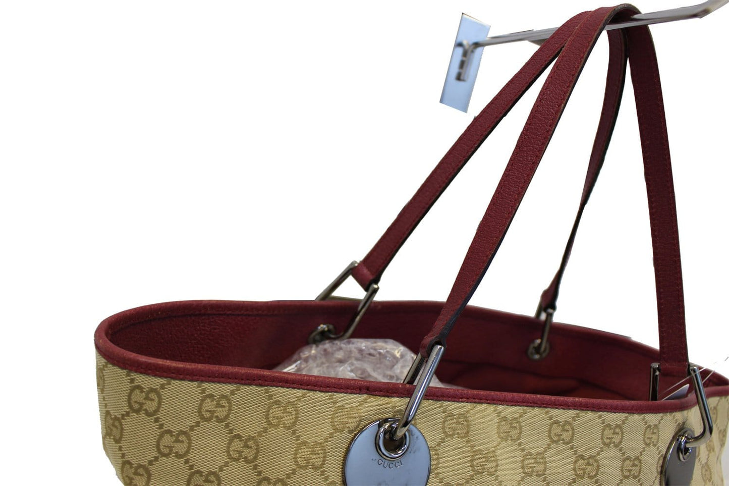 GUCCI Eclipse Beige Red GG Canvas Leather Tote Bag