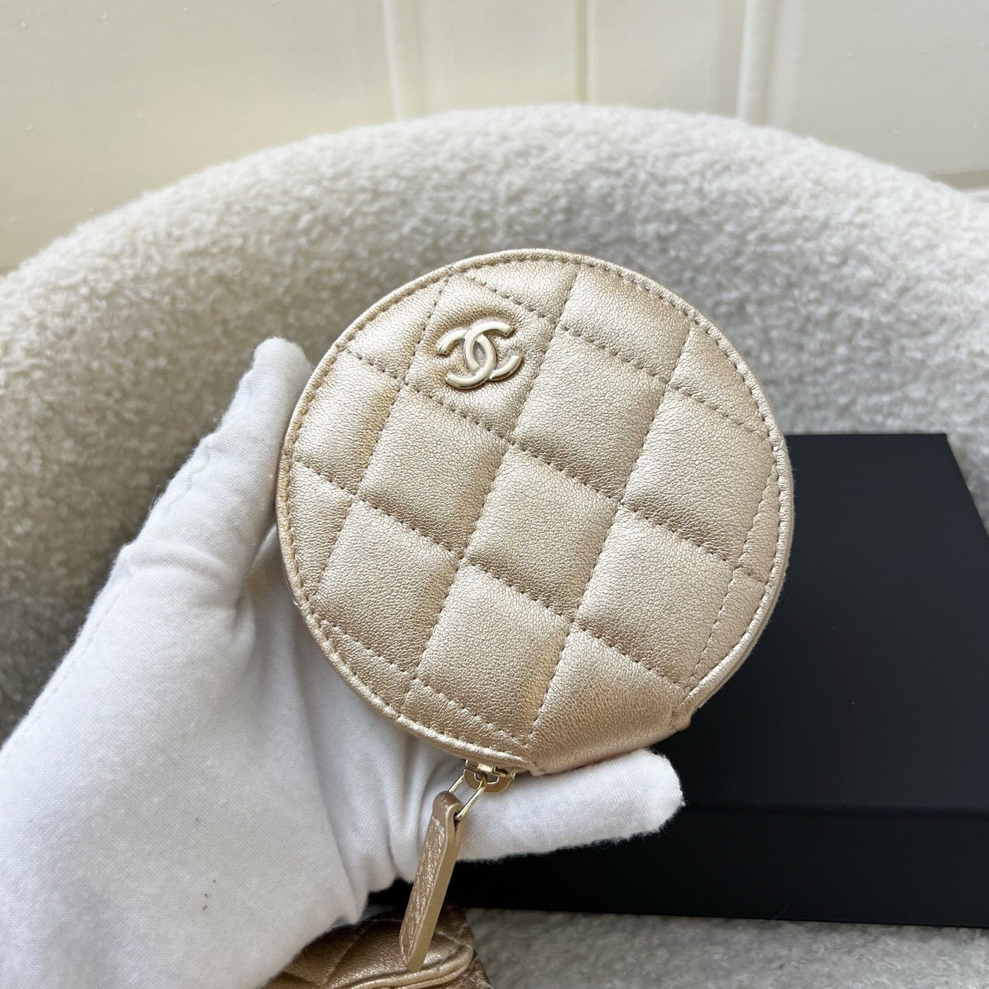 Chanel 2024 VIP Gift Round Pouch and Airpods Holder Bag Charm in Metallic Gold Lambskin and LGHW
