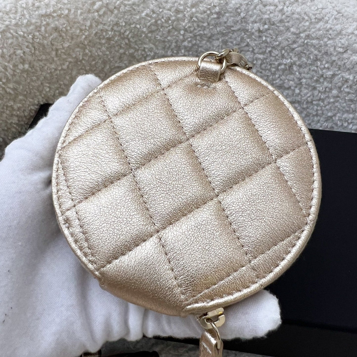 Chanel 2024 VIP Gift Round Pouch and Airpods Holder Bag Charm in Metallic Gold Lambskin and LGHW