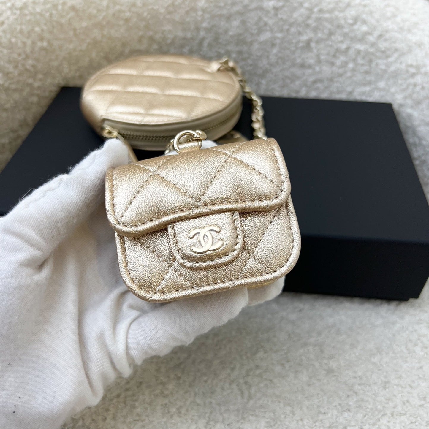 Chanel 2024 VIP Gift Round Pouch and Airpods Holder Bag Charm in Metallic Gold Lambskin and LGHW