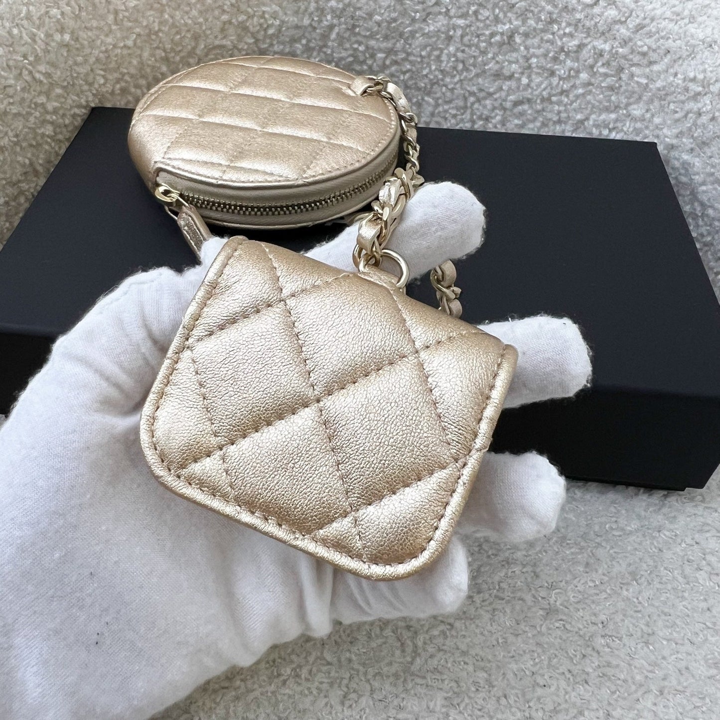 Chanel 2024 VIP Gift Round Pouch and Airpods Holder Bag Charm in Metallic Gold Lambskin and LGHW