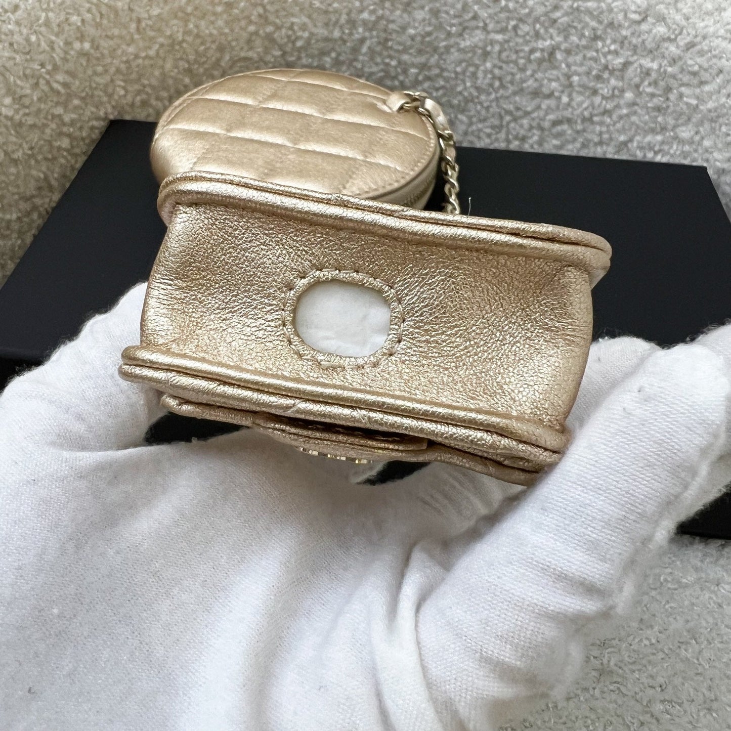 Chanel 2024 VIP Gift Round Pouch and Airpods Holder Bag Charm in Metallic Gold Lambskin and LGHW