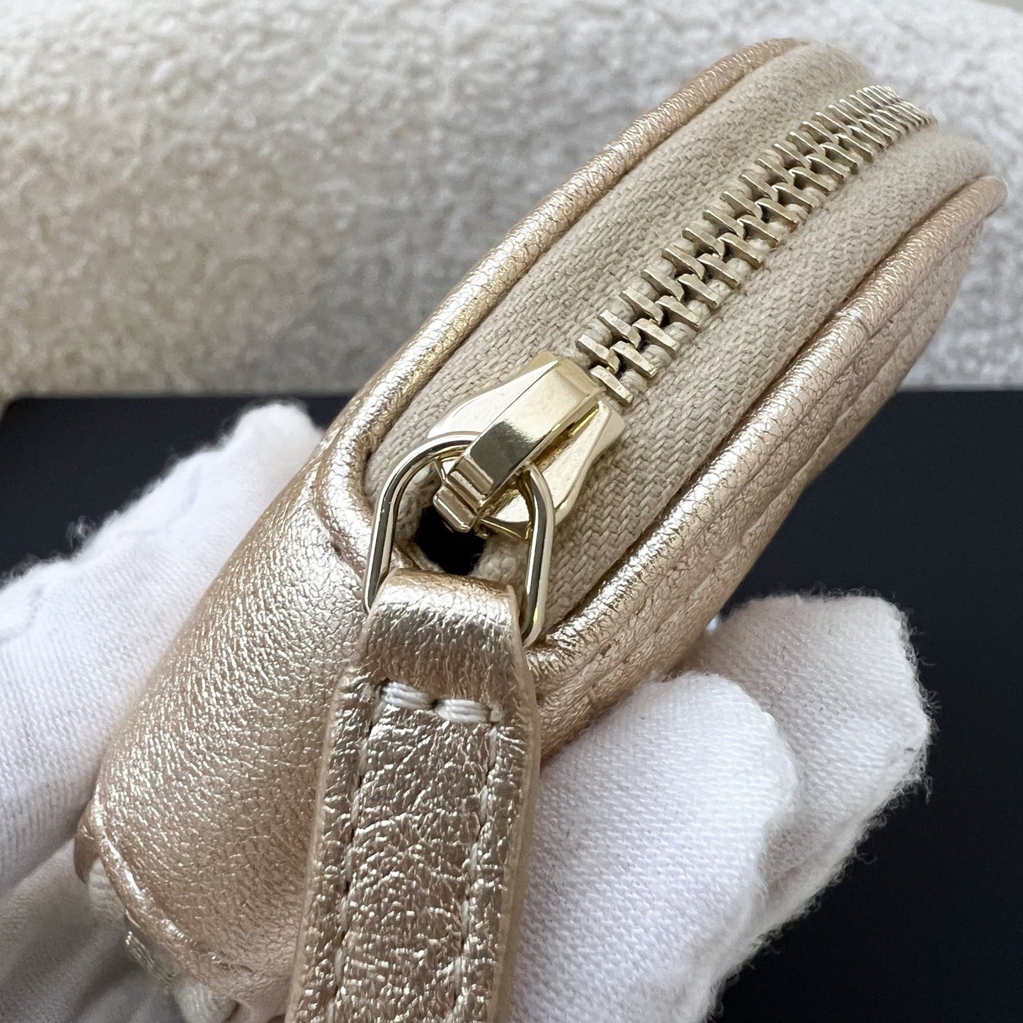 Chanel 2024 VIP Gift Round Pouch and Airpods Holder Bag Charm in Metallic Gold Lambskin and LGHW