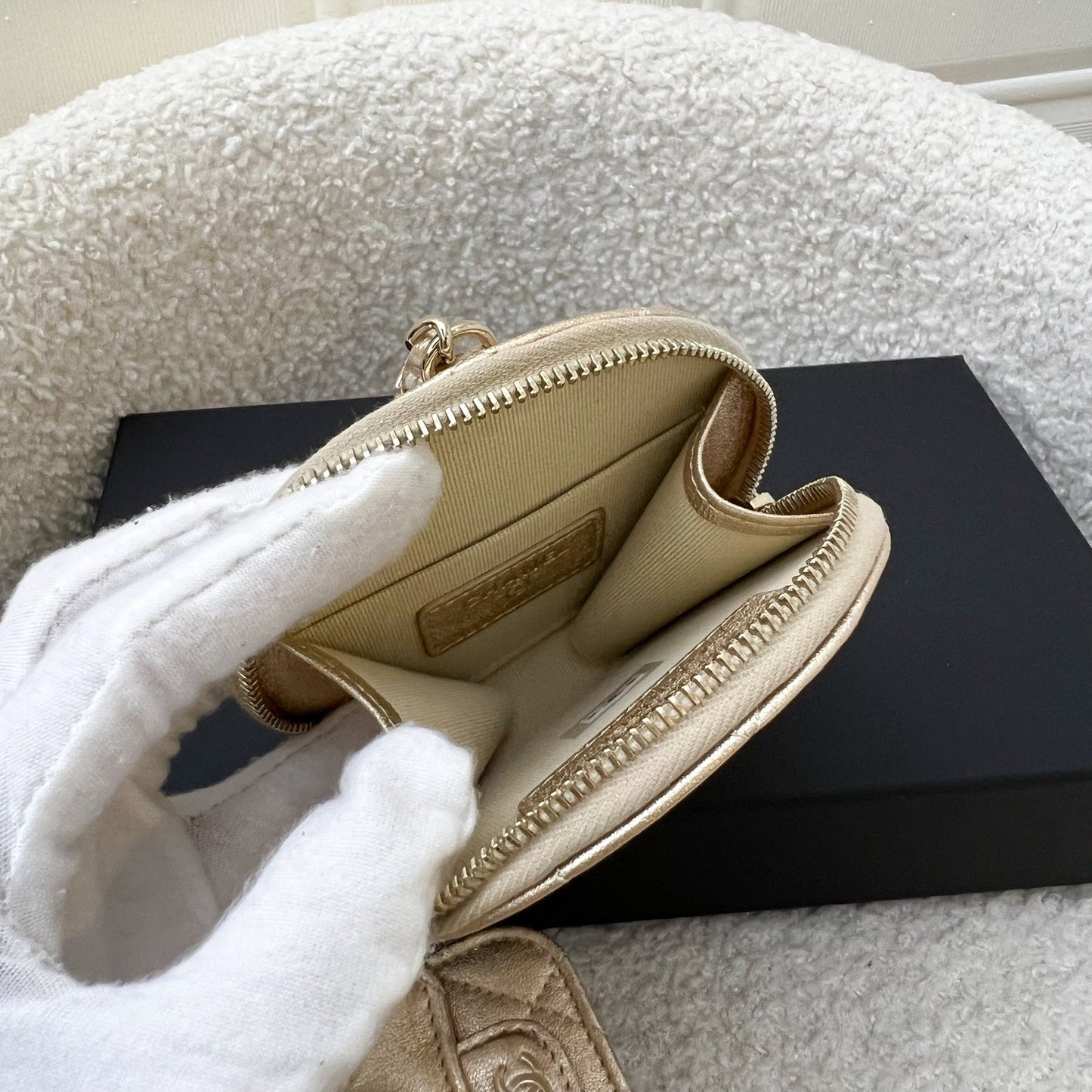 Chanel 2024 VIP Gift Round Pouch and Airpods Holder Bag Charm in Metallic Gold Lambskin and LGHW