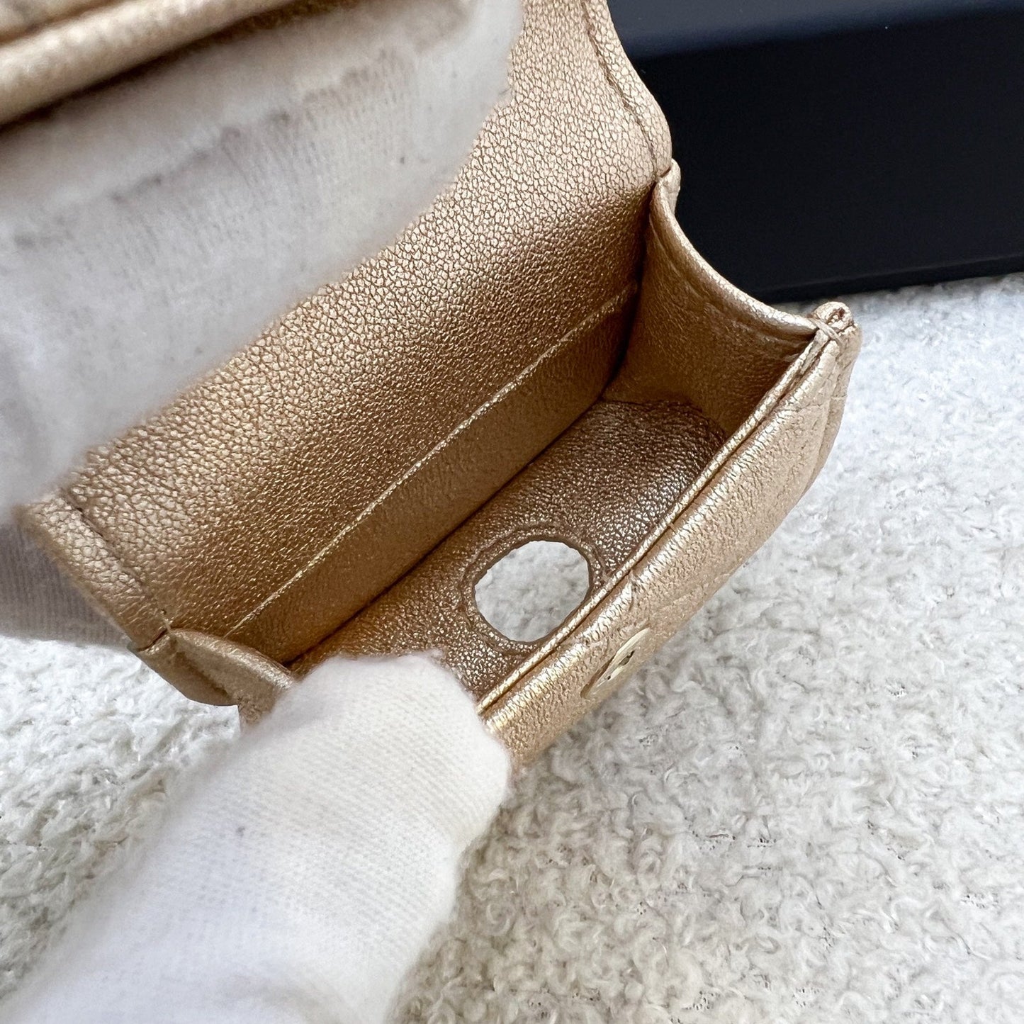 Chanel 2024 VIP Gift Round Pouch and Airpods Holder Bag Charm in Metallic Gold Lambskin and LGHW