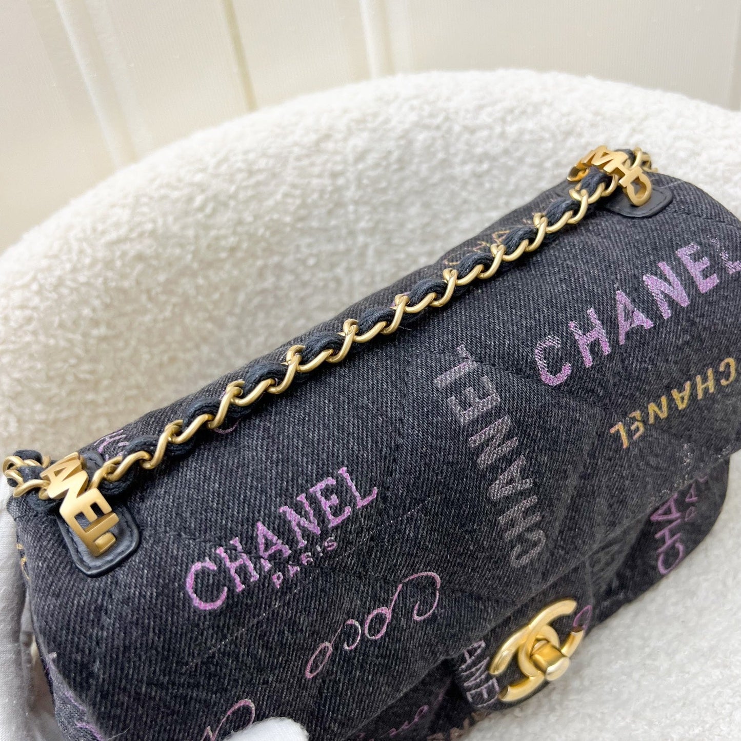 Chanel 22P Denim Mood Small Flap Bag in Black Printed Denim and AGHW