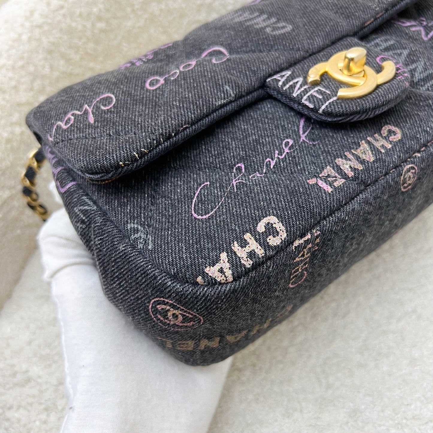 Chanel 22P Denim Mood Small Flap Bag in Black Printed Denim and AGHW