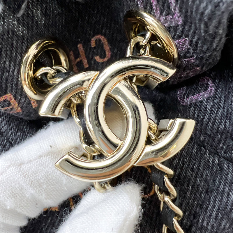 Chanel 22P Denim Mood Mini Drawstring Bucket Bag in Black Printed Denim and LGHW
