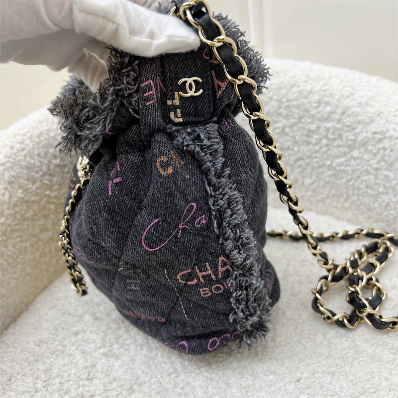 Chanel 22P Denim Mood Mini Drawstring Bucket Bag in Black Printed Denim and LGHW