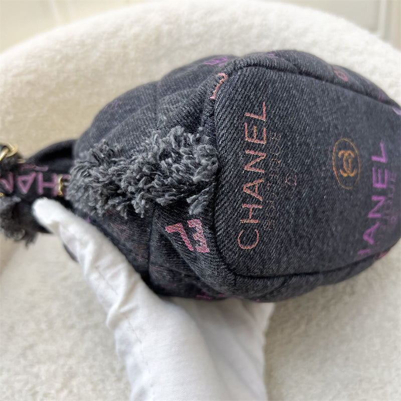 Chanel 22P Denim Mood Mini Drawstring Bucket Bag in Black Printed Denim and LGHW