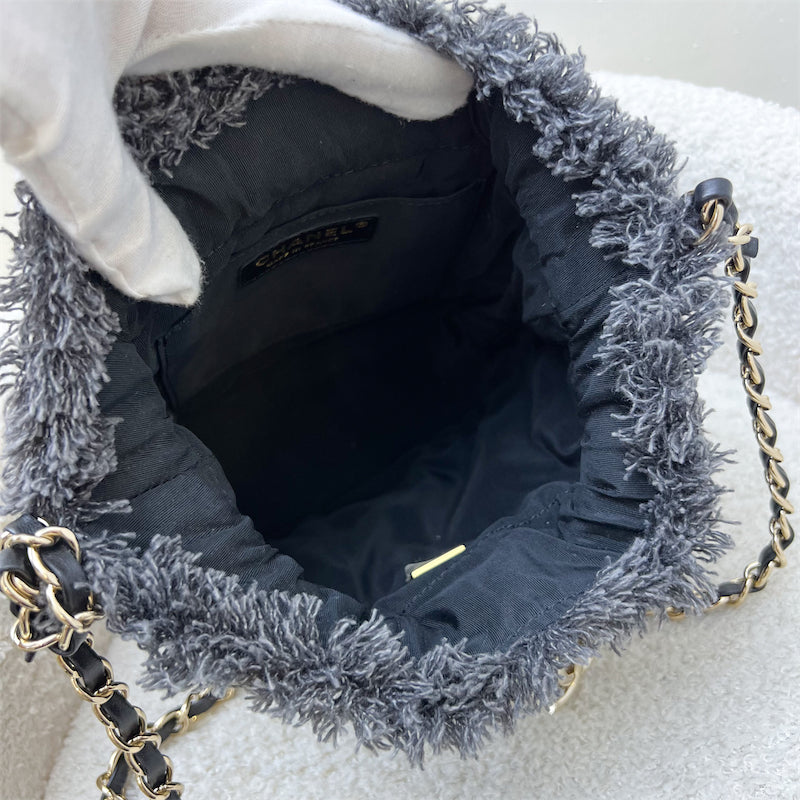 Chanel 22P Denim Mood Mini Drawstring Bucket Bag in Black Printed Denim and LGHW