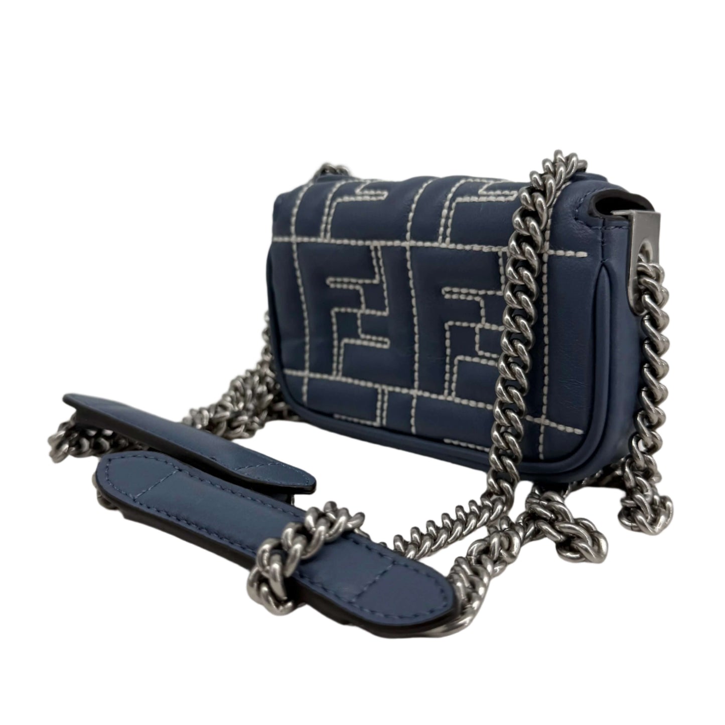 Fendi Blue Embossed Stitched Leather Nano Baguette Chain Crossbody Bag – Pre-Owned