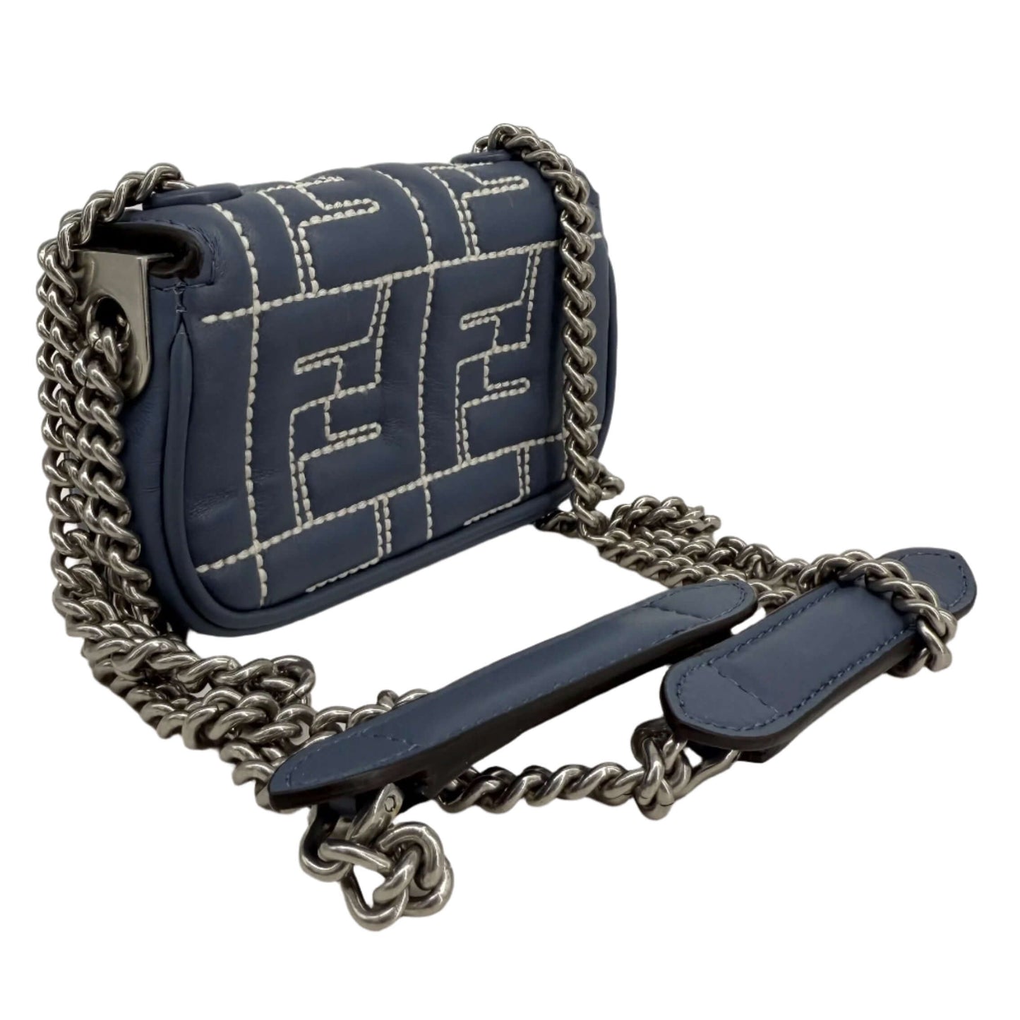 Fendi Blue Embossed Stitched Leather Nano Baguette Chain Crossbody Bag – Pre-Owned