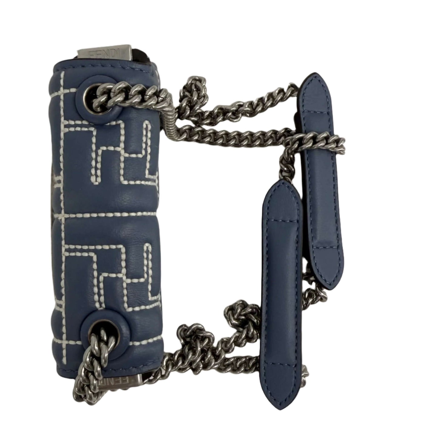 Fendi Blue Embossed Stitched Leather Nano Baguette Chain Crossbody Bag – Pre-Owned