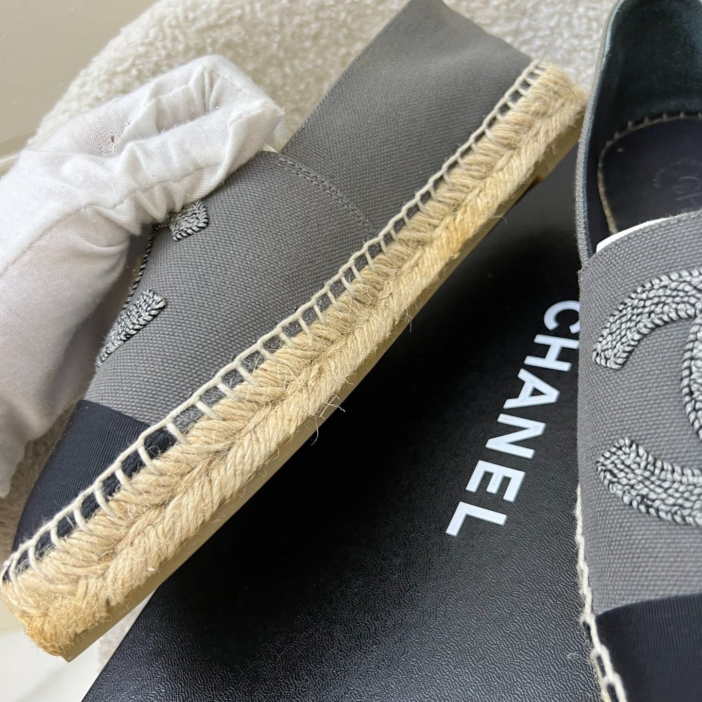 Chanel Espadrilles in Grey Canvas and Black Gosgrain Sz 37