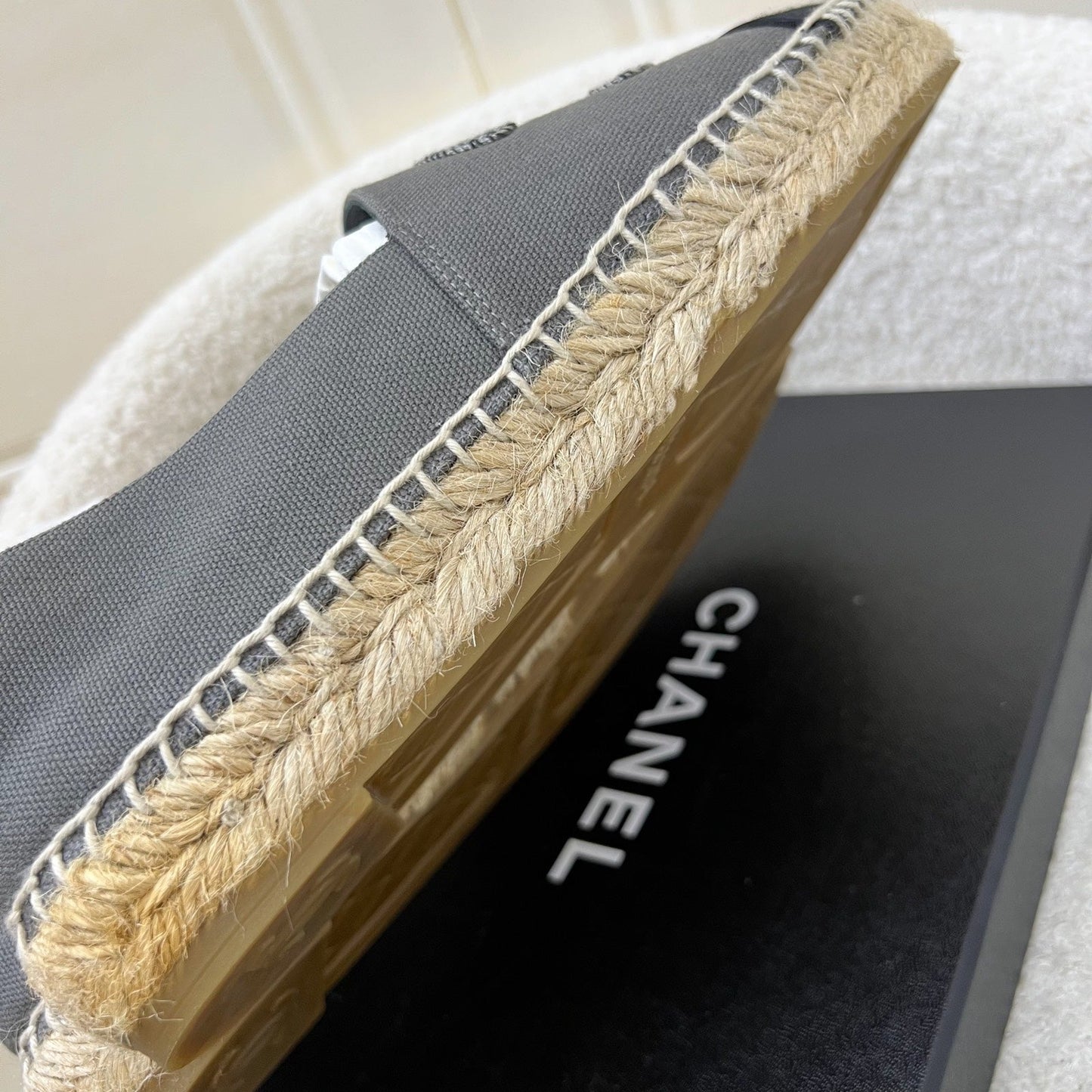 Chanel Espadrilles in Grey Canvas and Black Gosgrain Sz 37