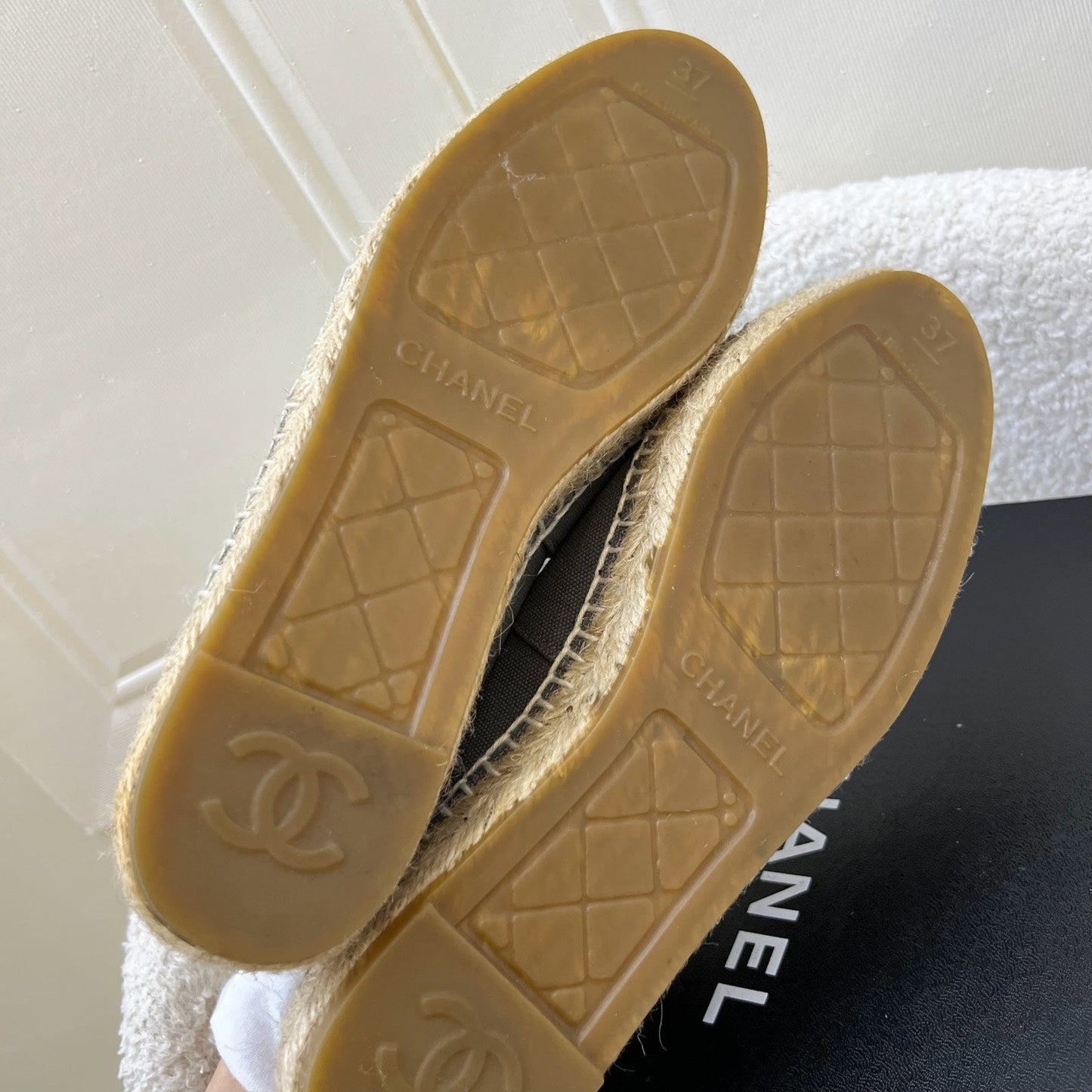 Chanel Espadrilles in Grey Canvas and Black Gosgrain Sz 37