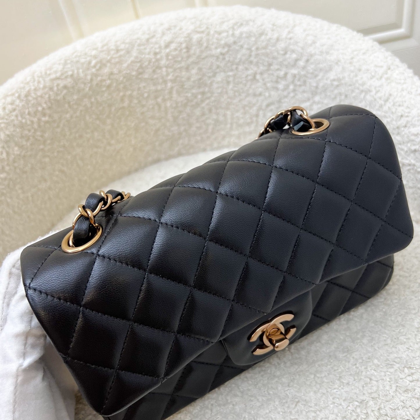 Chanel Mini Rectangle Classic Flap in Black Lambskin and Rose Gold HW