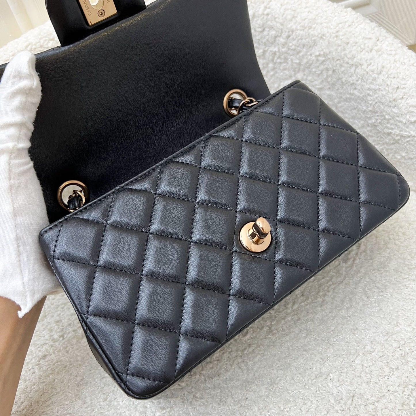 Chanel Mini Rectangle Classic Flap in Black Lambskin and Rose Gold HW