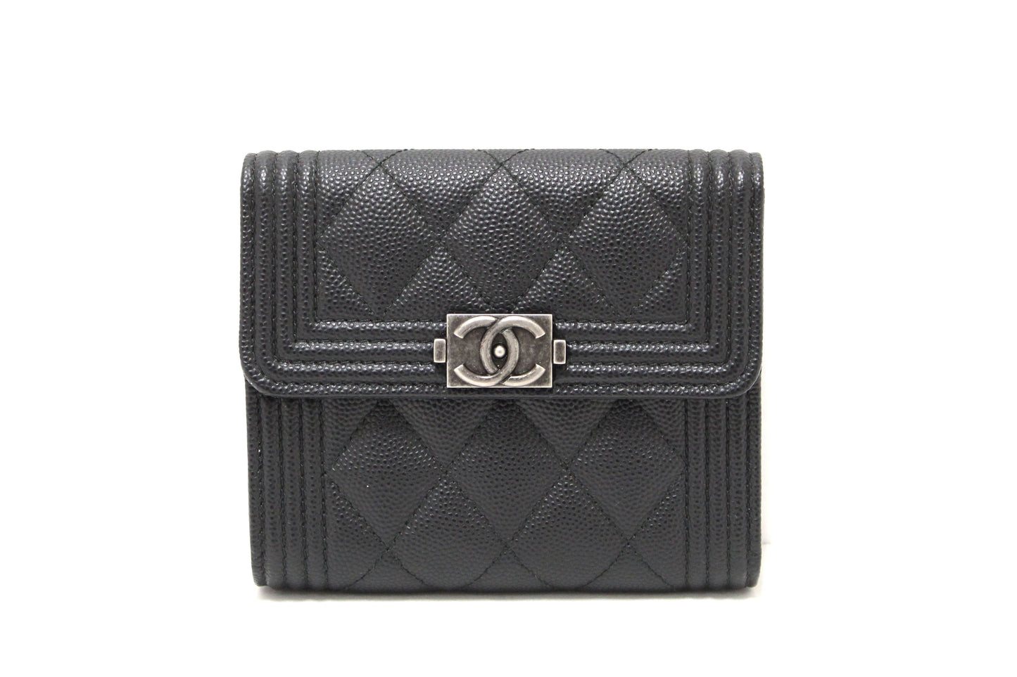 NEW Chanel Black Quilted Caviar Leather Boy Small Trifold Wallet