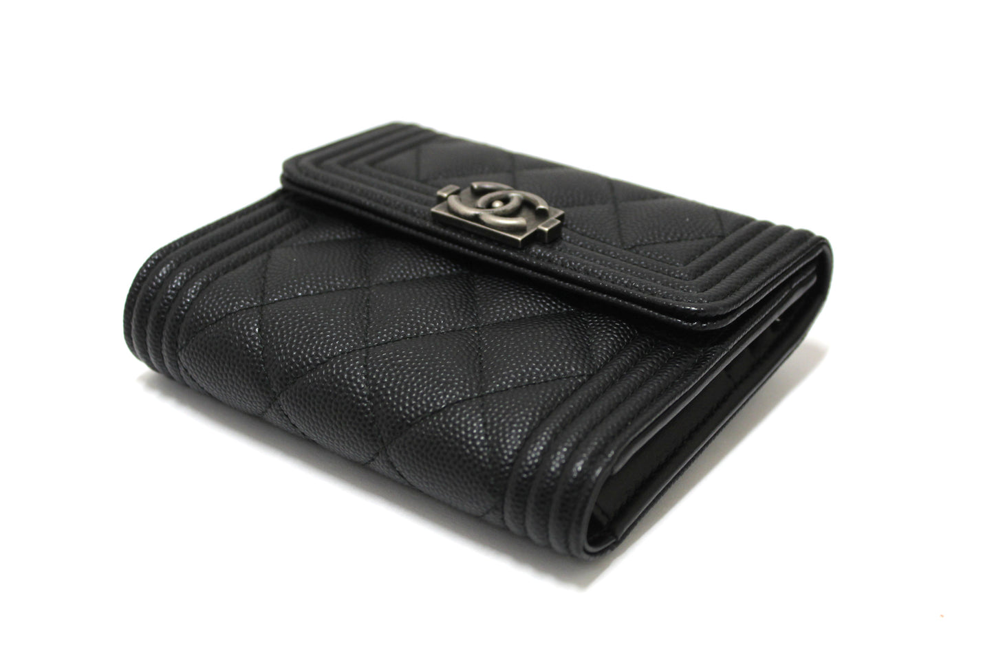 NEW Chanel Black Quilted Caviar Leather Boy Small Trifold Wallet