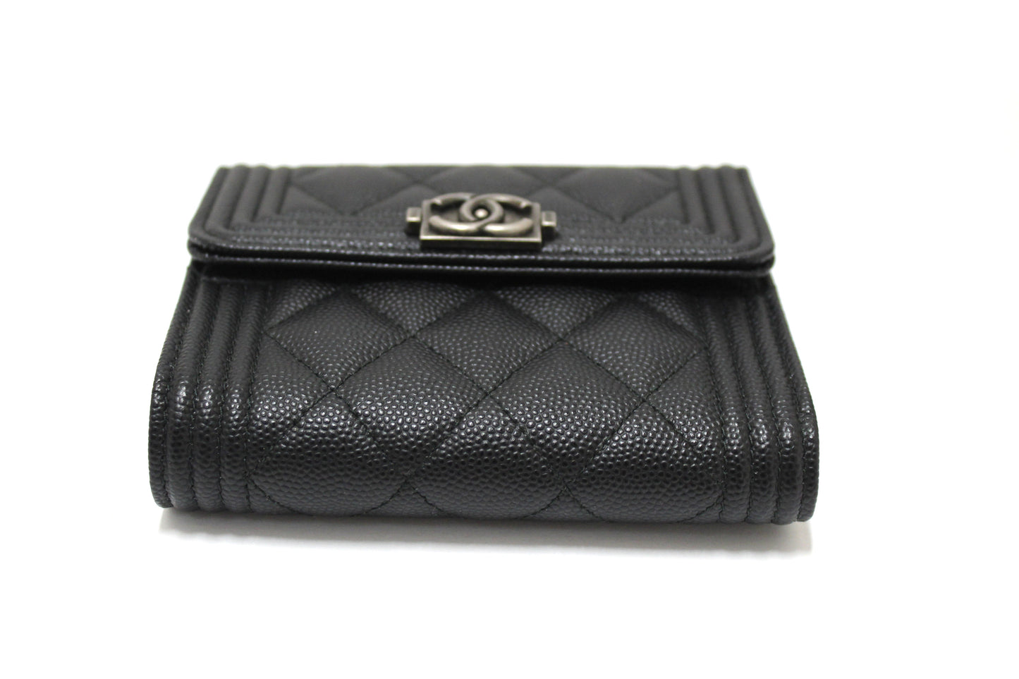 NEW Chanel Black Quilted Caviar Leather Boy Small Trifold Wallet