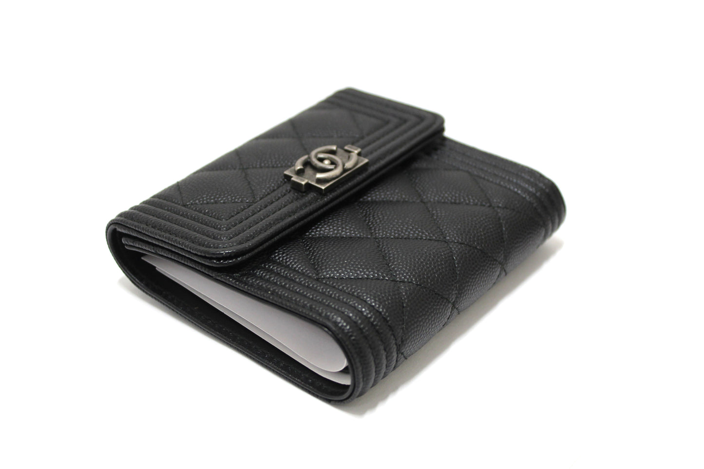 NEW Chanel Black Quilted Caviar Leather Boy Small Trifold Wallet