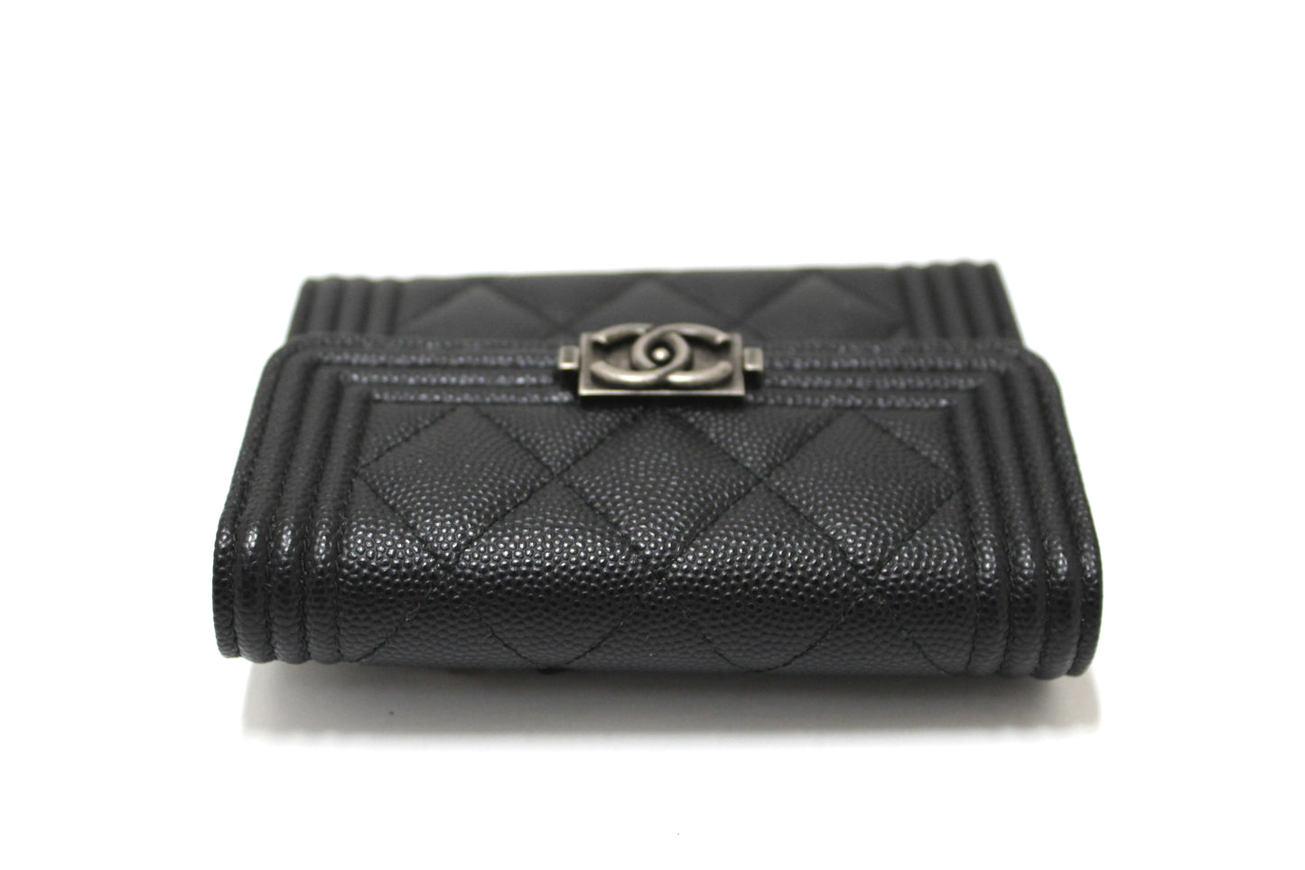 NEW Chanel Black Quilted Caviar Leather Boy Small Trifold Wallet
