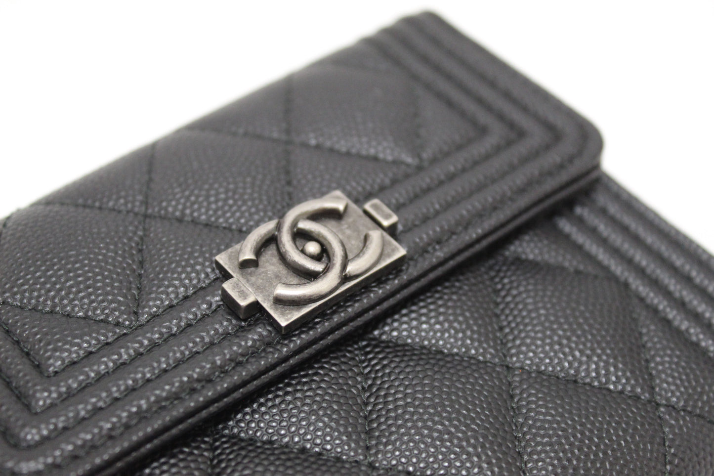 NEW Chanel Black Quilted Caviar Leather Boy Small Trifold Wallet
