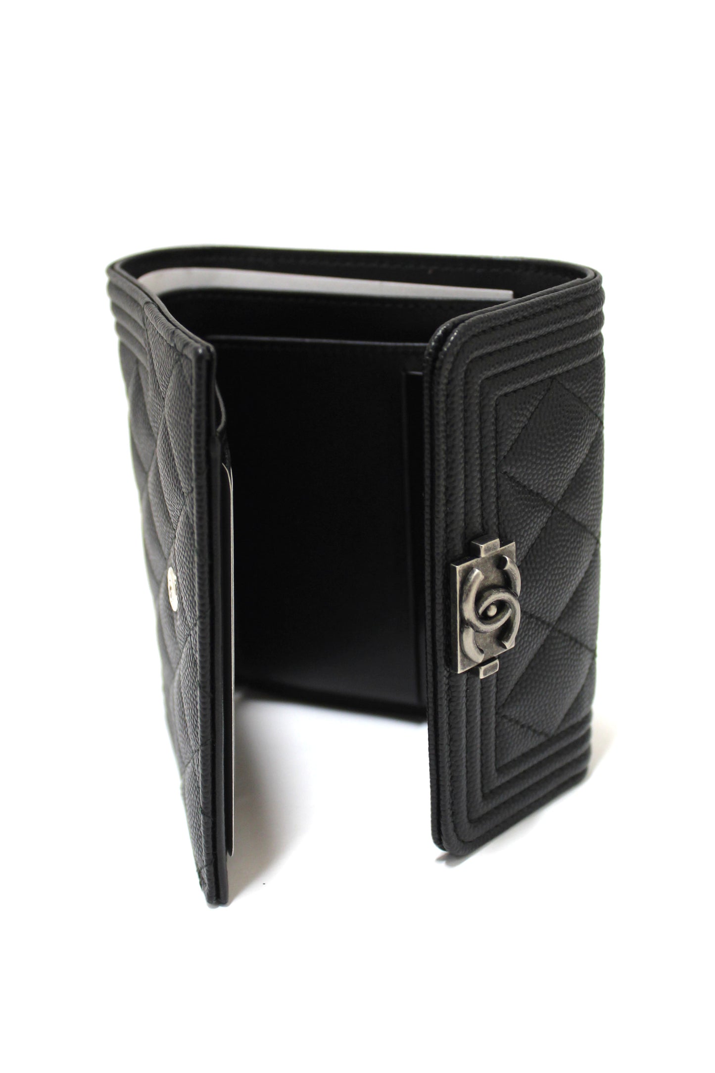 NEW Chanel Black Quilted Caviar Leather Boy Small Trifold Wallet