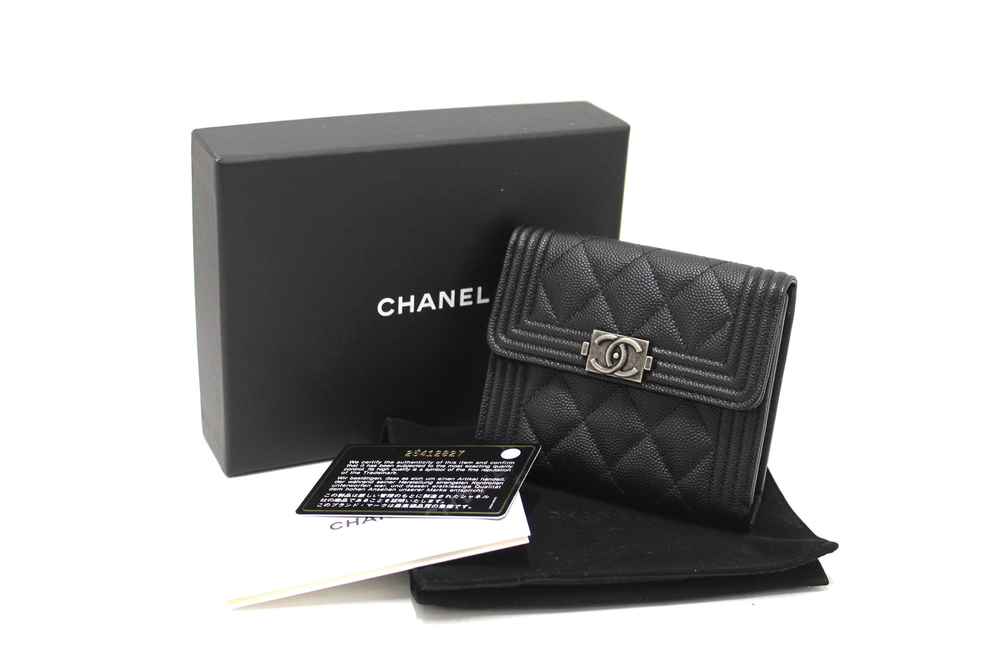 NEW Chanel Black Quilted Caviar Leather Boy Small Trifold Wallet