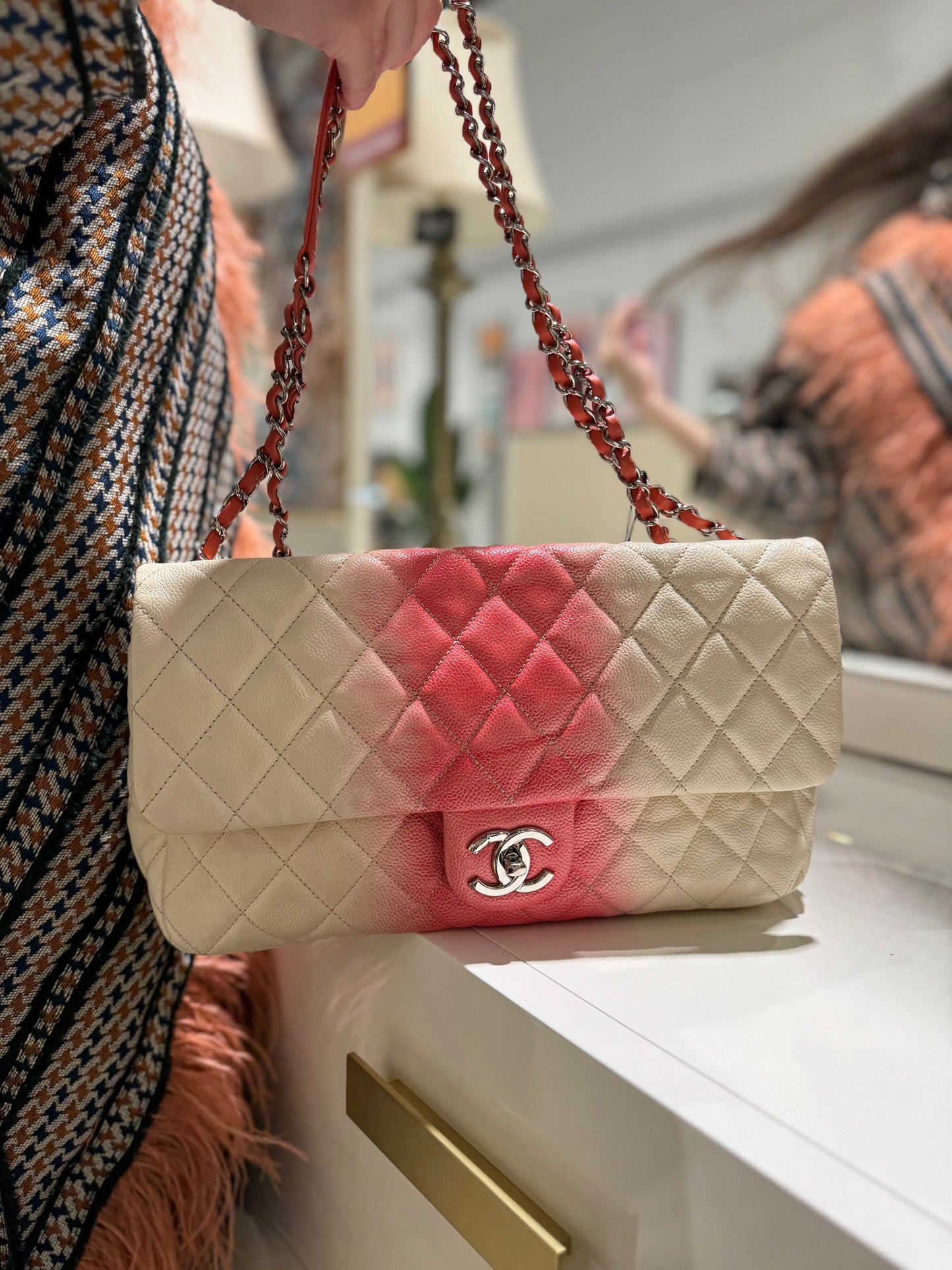 Chanel Caviar Ombre white rose quilted chain Classic Flap Bag