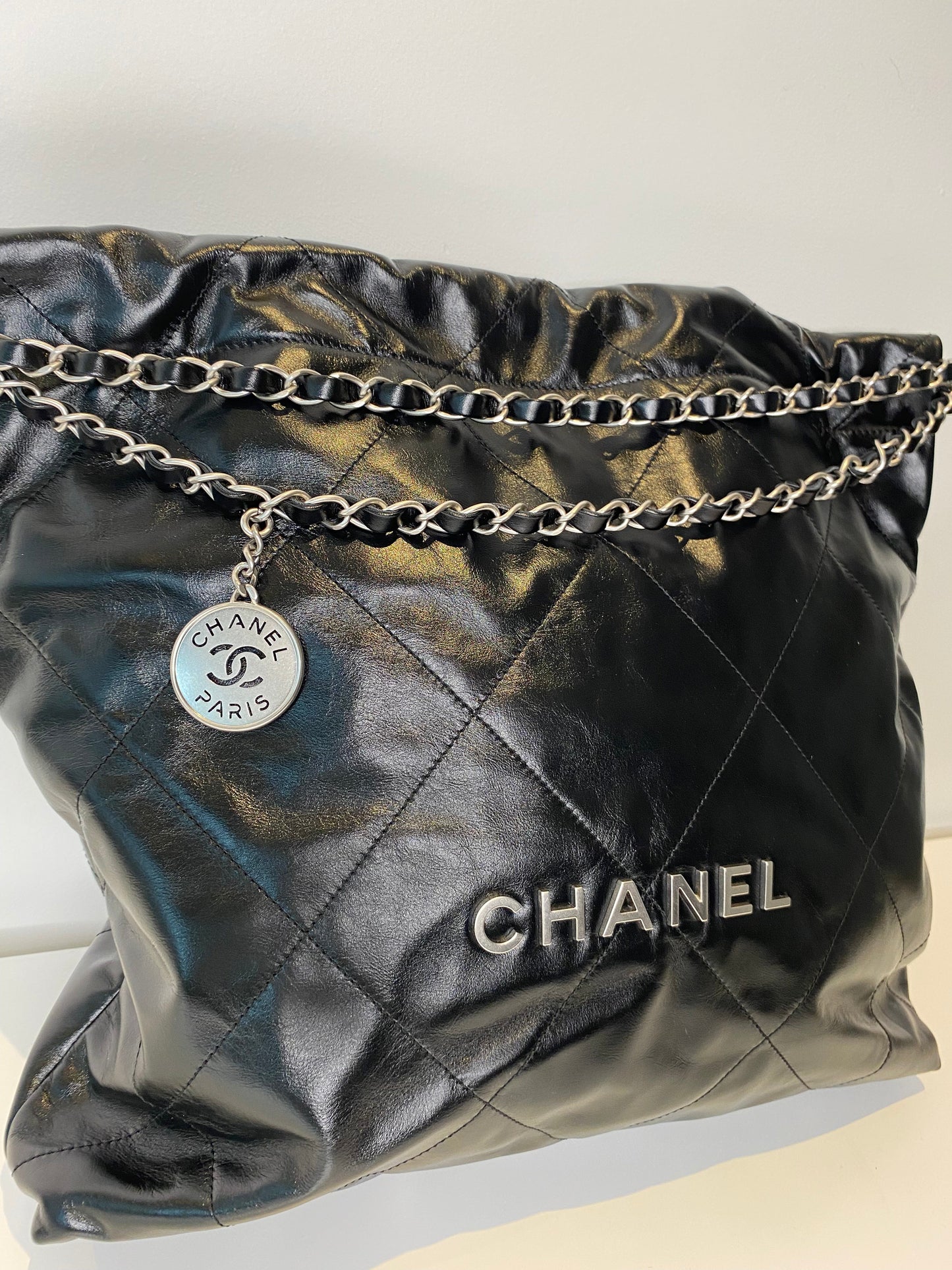 Chanel Calfskin Black Shiny Bag Medium Silver Hardware