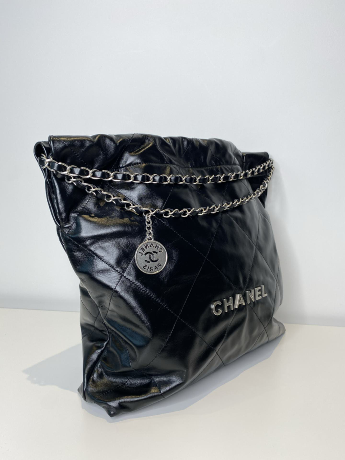 Chanel Calfskin Black Shiny Bag Medium Silver Hardware