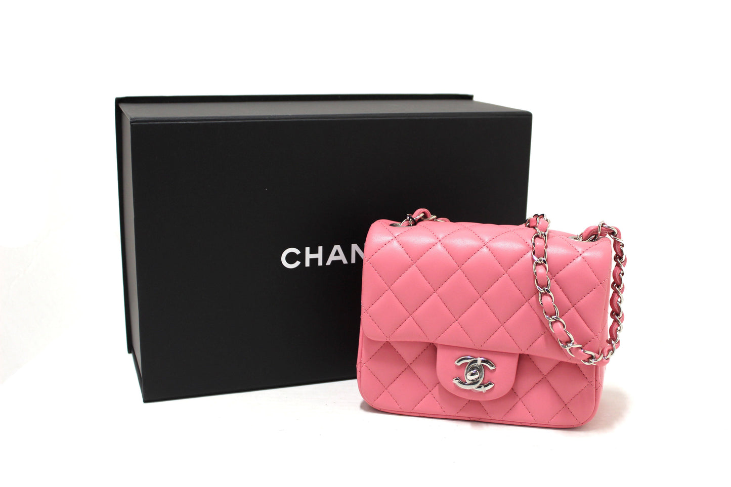 NEW Chanel Quilted Pink Lambskin Leather Mini Square Classic Flap Bag