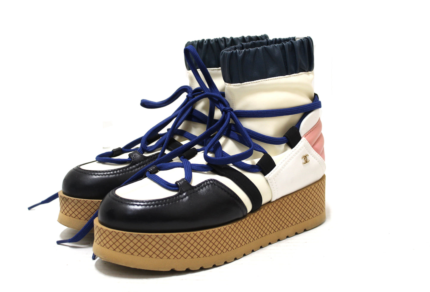 Chanel Lambskin & Mixed Fibers Ivory, Rose, Blue & Black Lace Up Platform Size 35.5 C