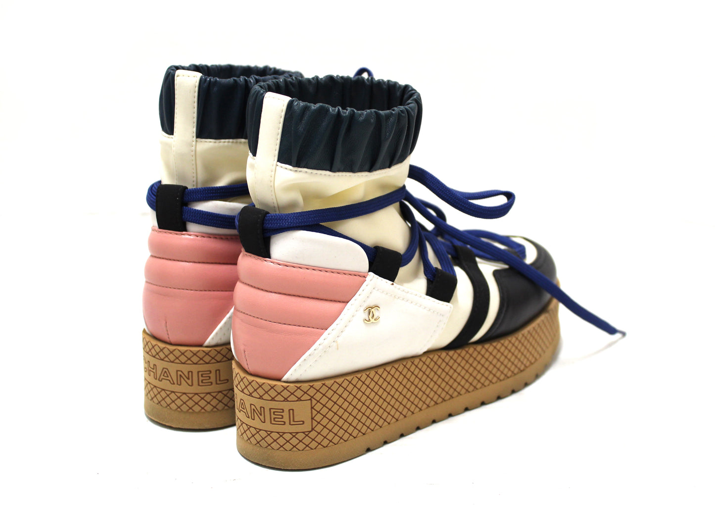 Chanel Lambskin & Mixed Fibers Ivory, Rose, Blue & Black Lace Up Platform Size 35.5 C
