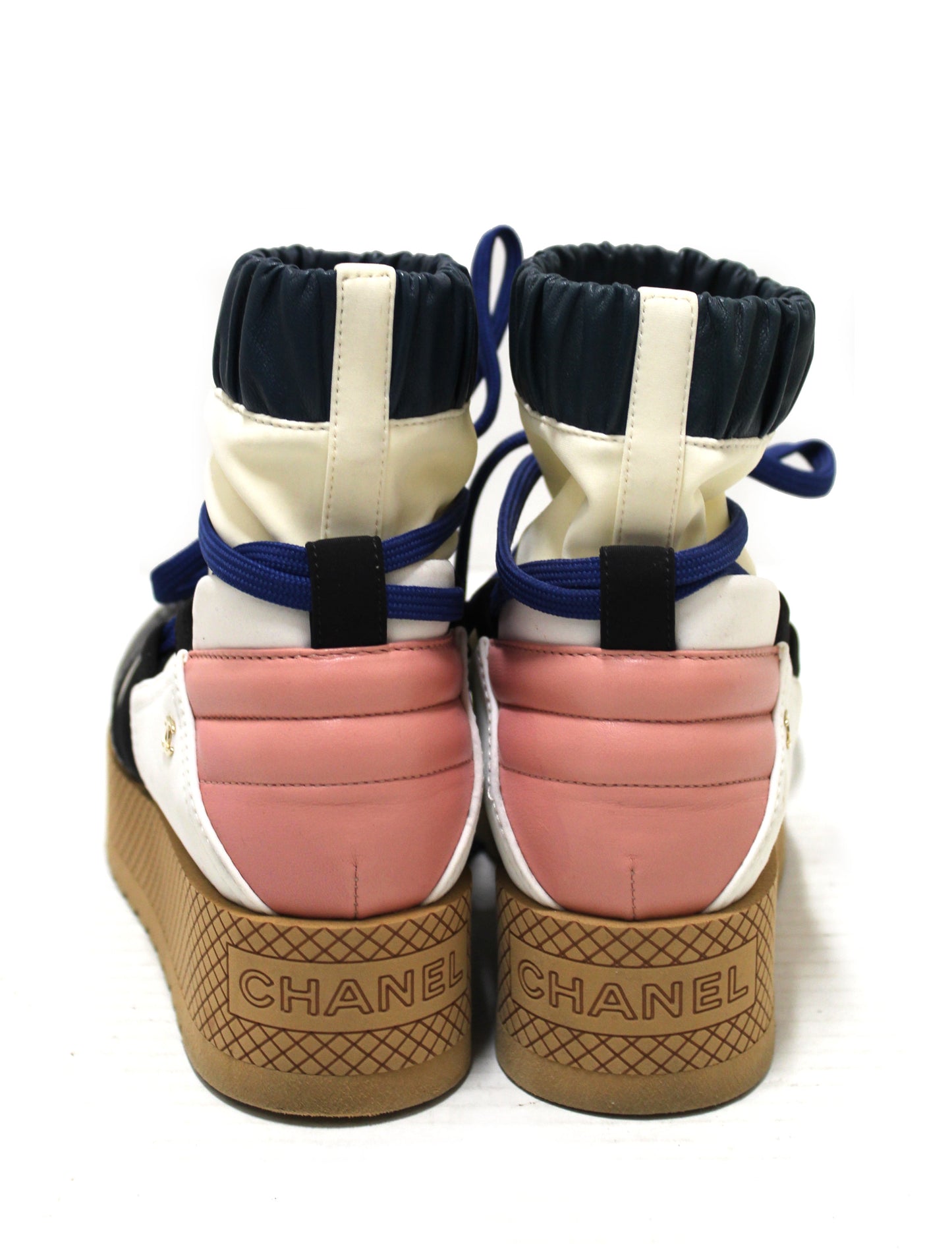 Chanel Lambskin & Mixed Fibers Ivory, Rose, Blue & Black Lace Up Platform Size 35.5 C
