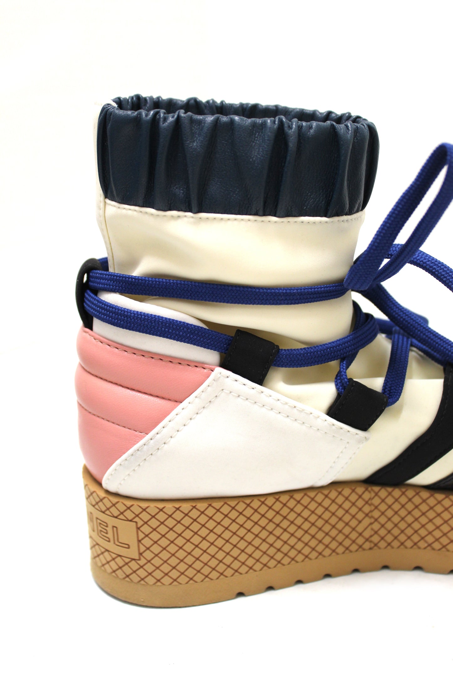 Chanel Lambskin & Mixed Fibers Ivory, Rose, Blue & Black Lace Up Platform Size 35.5 C