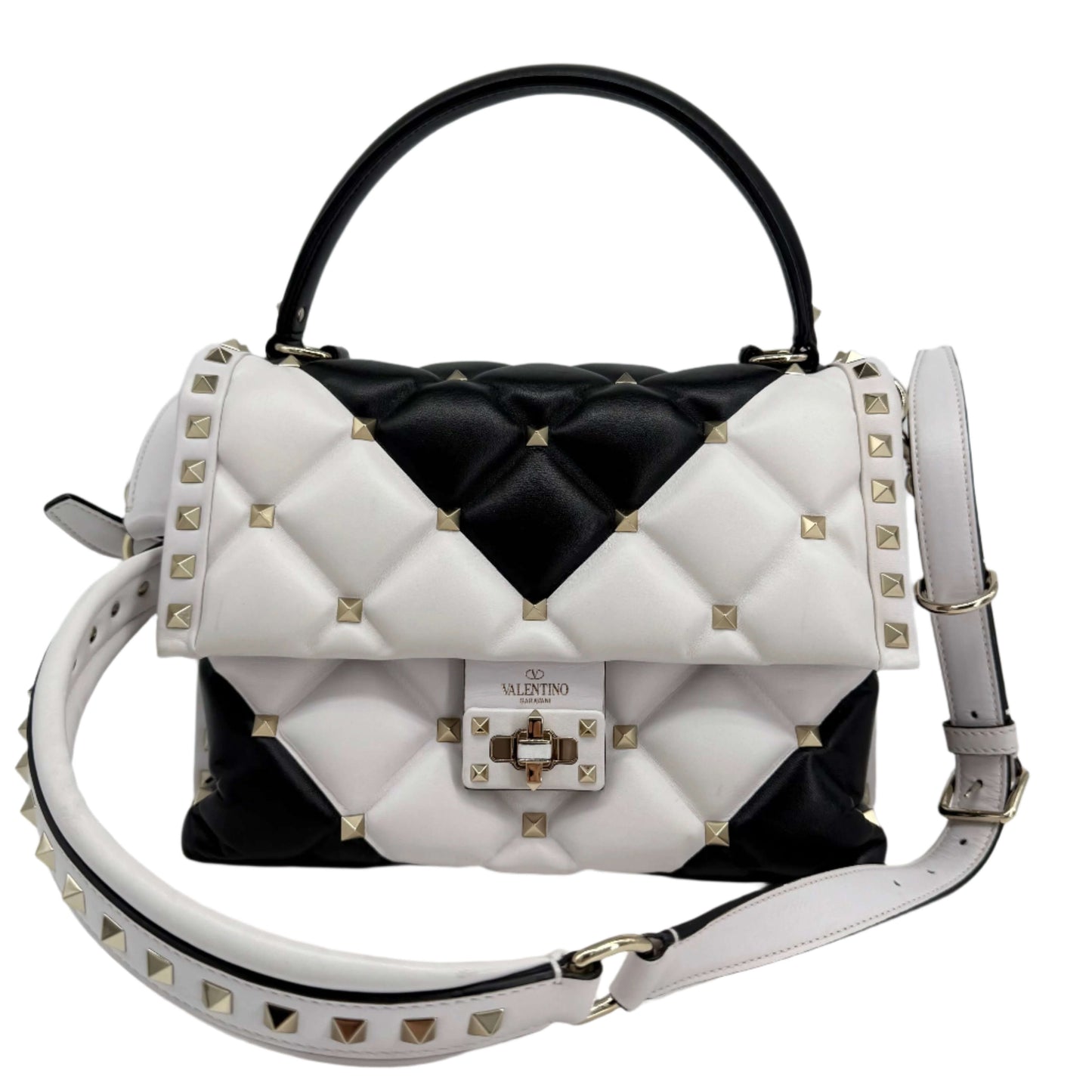 Valentino Garavani Nappa Medium Candystud Top Handle Bag in White and Black – Pre-Owned