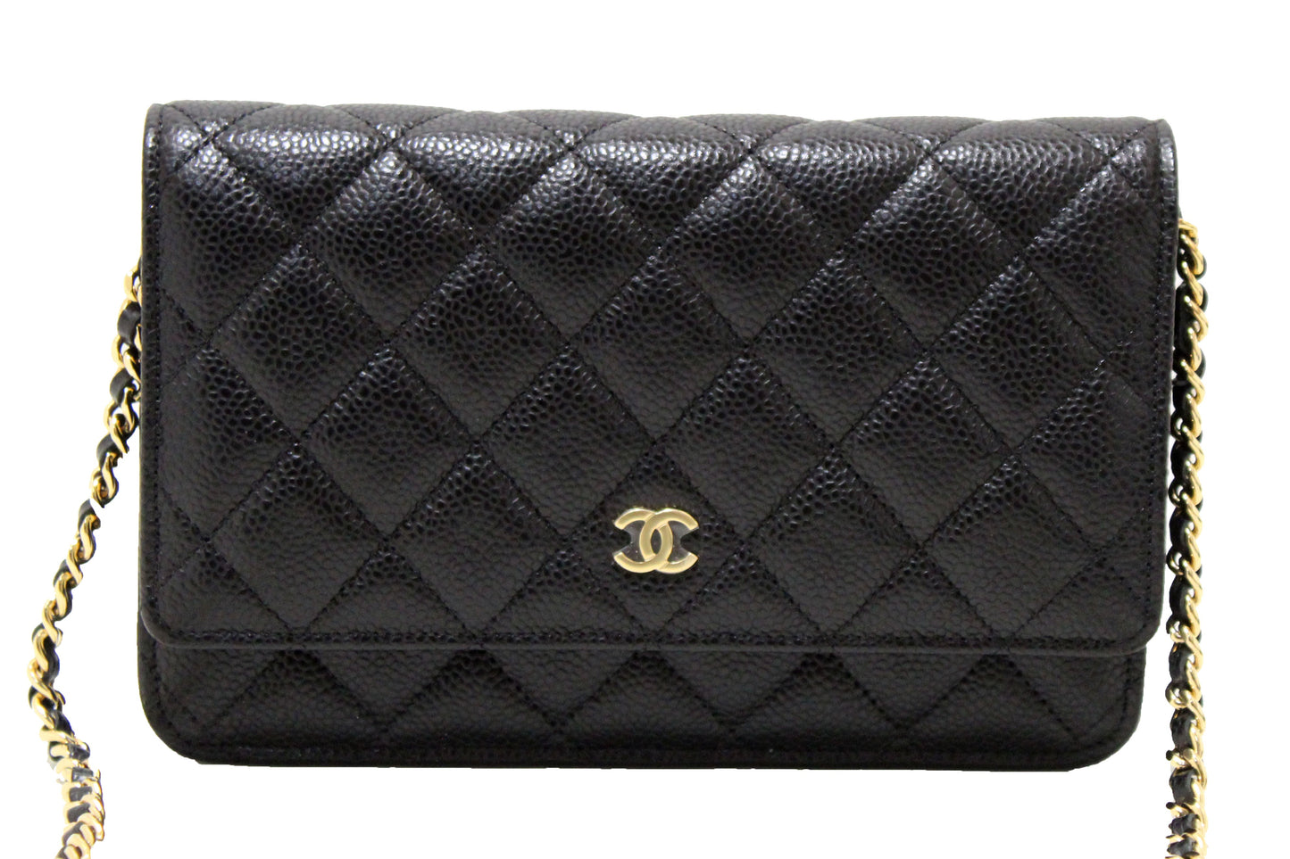 NEW Chanel Black Quilted Caviar Leather Wallet On Chain WOC Messenger Bag