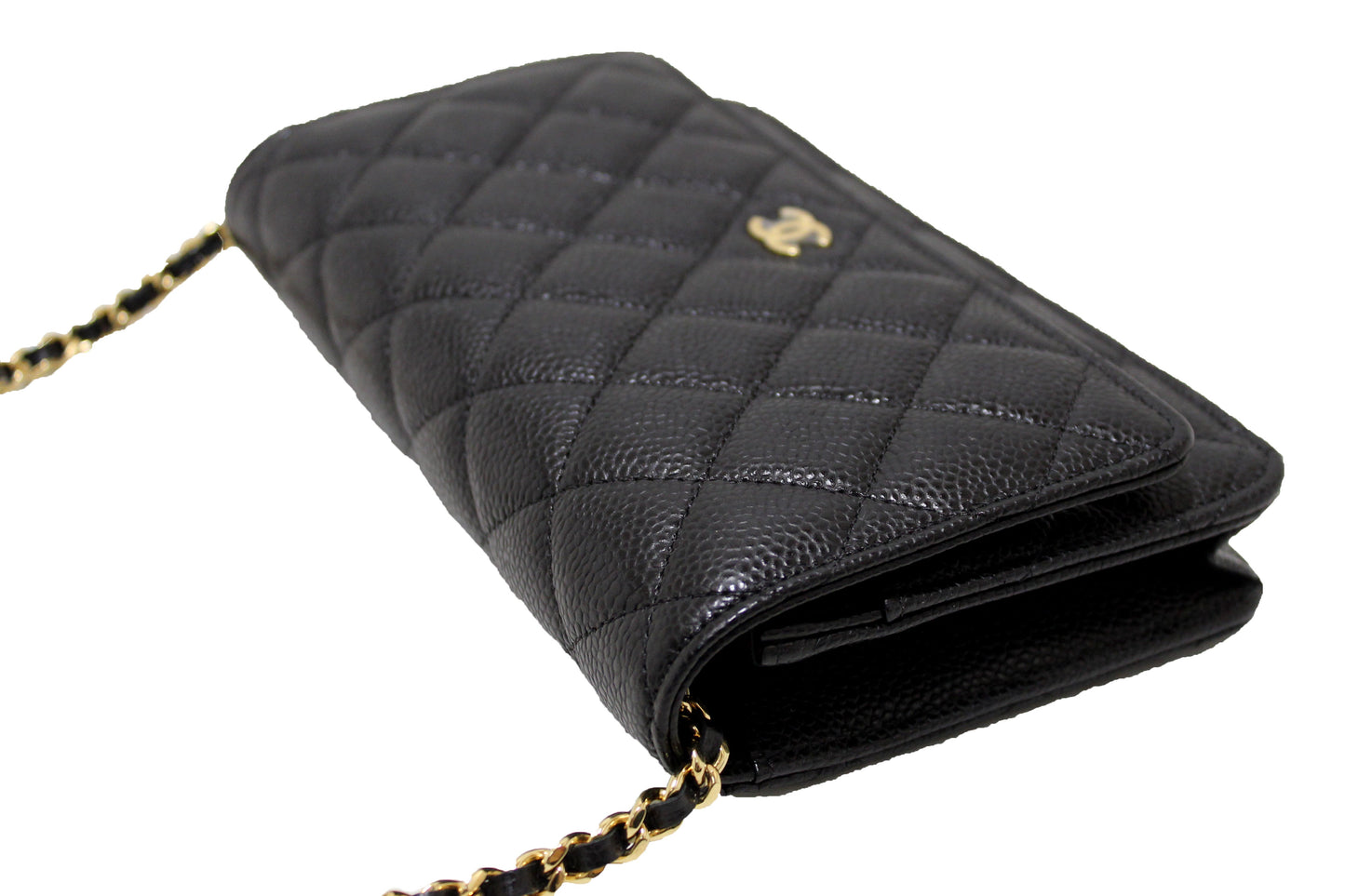 NEW Chanel Black Quilted Caviar Leather Wallet On Chain WOC Messenger Bag