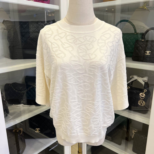 Hermes Pull Manches Courtes Knit Top in Blanc Casse Silk + Cotton Sz 38
