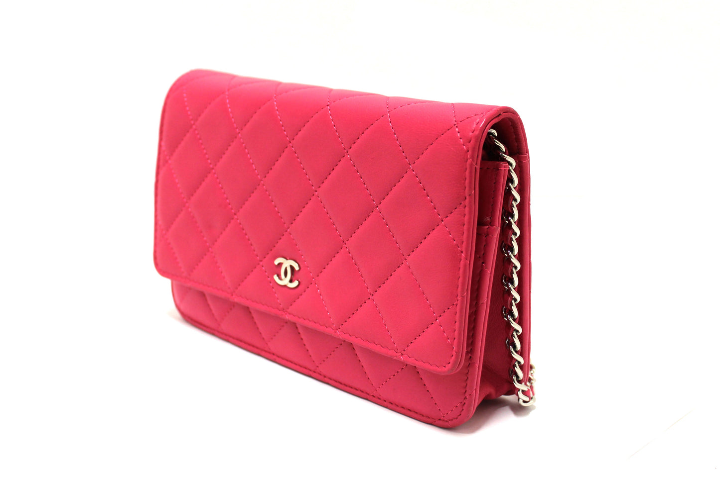 Chanel Fuchsia Pink Quilted Lambskin Leather Wallet On Chain WOC Messenger Bag