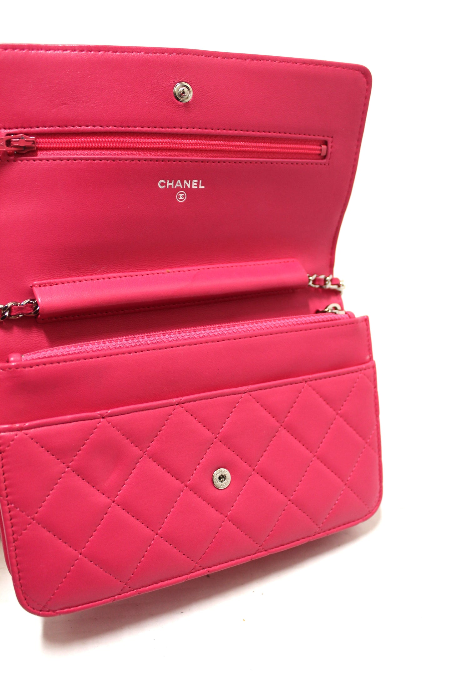 Chanel Fuchsia Pink Quilted Lambskin Leather Wallet On Chain WOC Messenger Bag